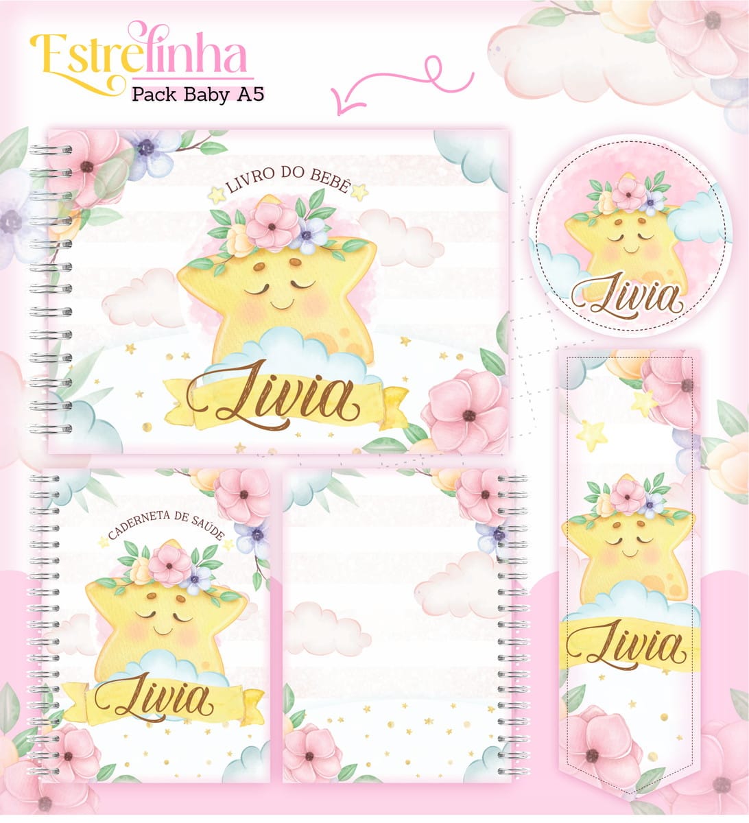 Kit Digital Encadernação Baby Menina Estrelinha 1 Arte digital com tema de estrela fofa, flores e nuvens em tons rosa pastel.