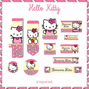 Etiquetas digitais personalizadas com a personagem gata branca e rosa, exibindo o nome.