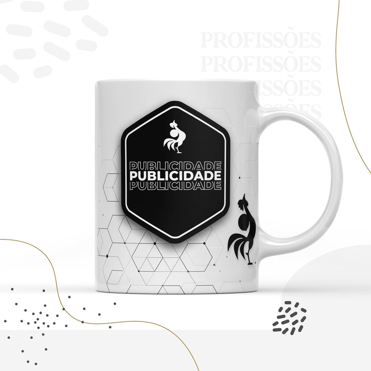 Kit Digital Encadernação Masculino Tema Publicidade 2 Caneca branca estampada com um galo e texto preto em formato de hexágono.