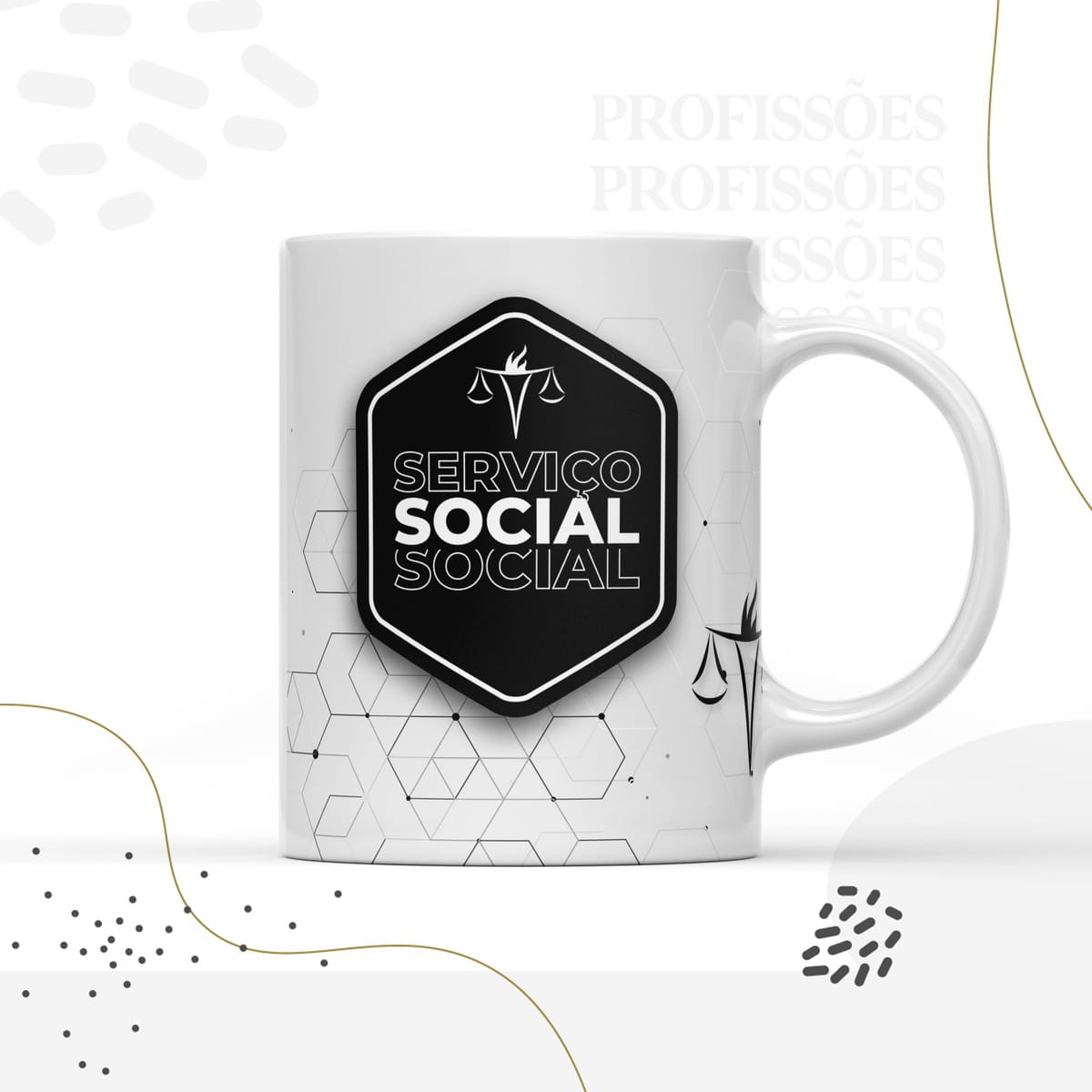Kit Digital Encadernação Serviço Social para Imprimir 2 Arte digital de ilustração de caneca branca com emblema preto 'Serviço Social' e balança.