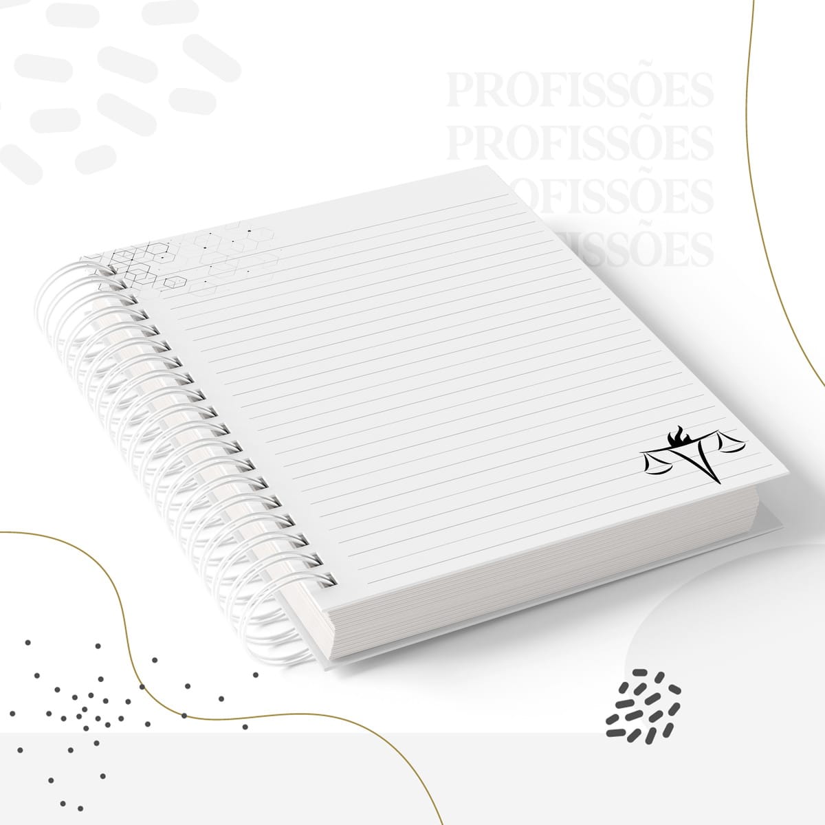 Kit Digital Encadernação Serviço Social para Imprimir 3 Arte digital de caderno espiral branco com símbolo de balança da justiça e chama.