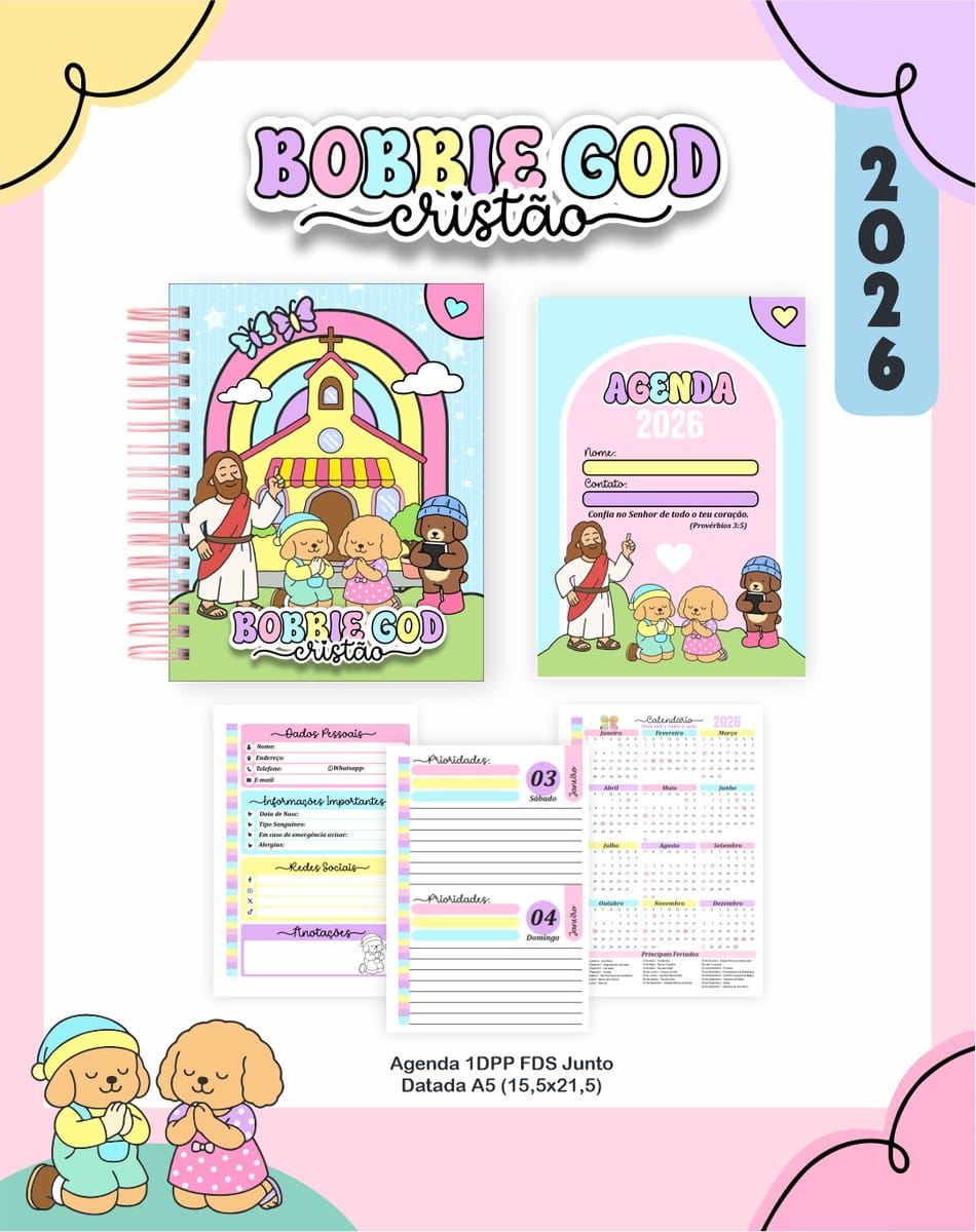 Kit Digital Encadernação Tema Cristão Menina Bobbie Goods 2 Apresentação visual de agenda colorida com temas infantis, personagens e ilustrações variadas.