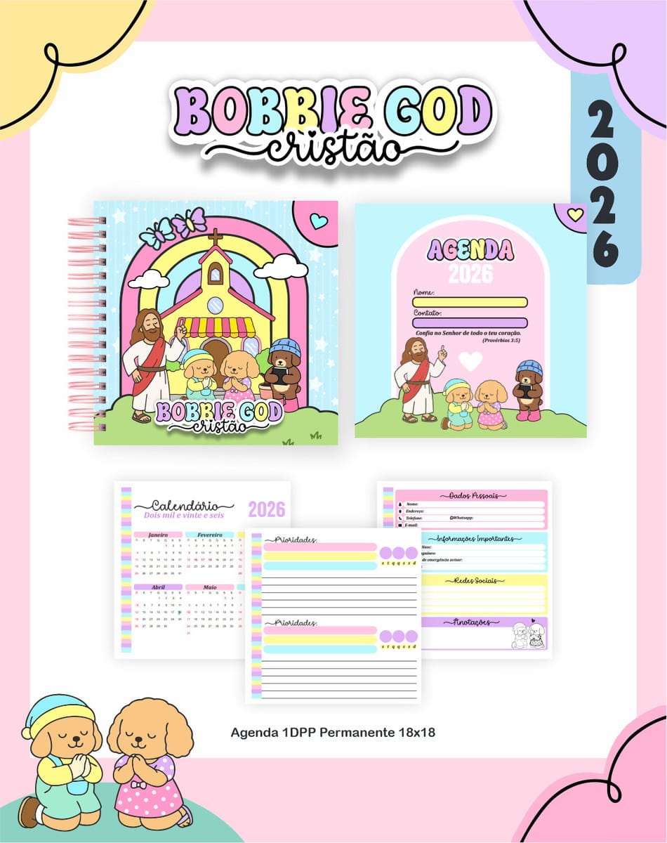 Kit Digital Encadernação Tema Cristão Menina Bobbie Goods 3 Apresentação visual de agenda digital infantil com ilustrações religiosas e cachorrinhos fofos.