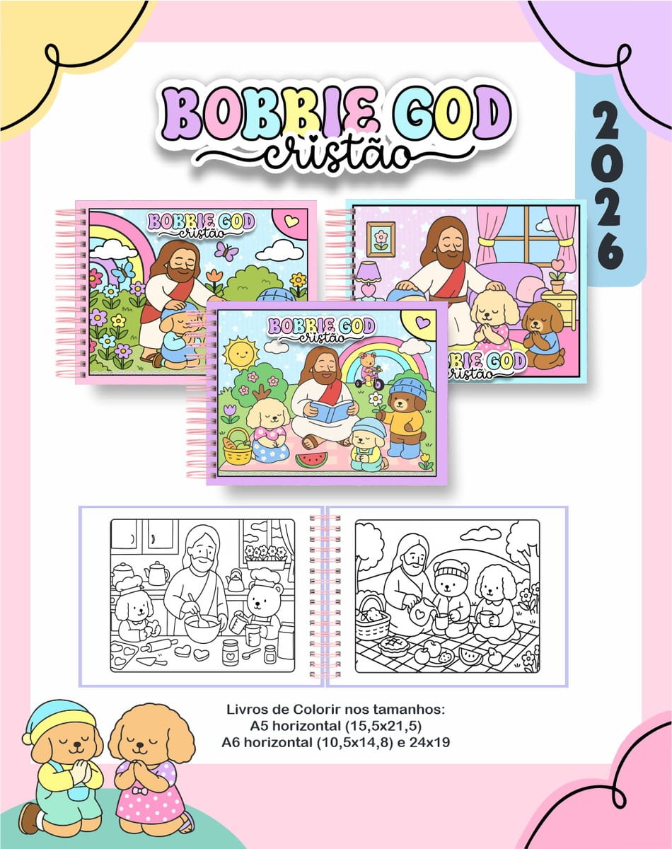 Kit Digital Encadernação Tema Cristão Menina Bobbie Goods 5 Apresentação de livros de colorir com ilustrações religiosas e cachorros fofos.