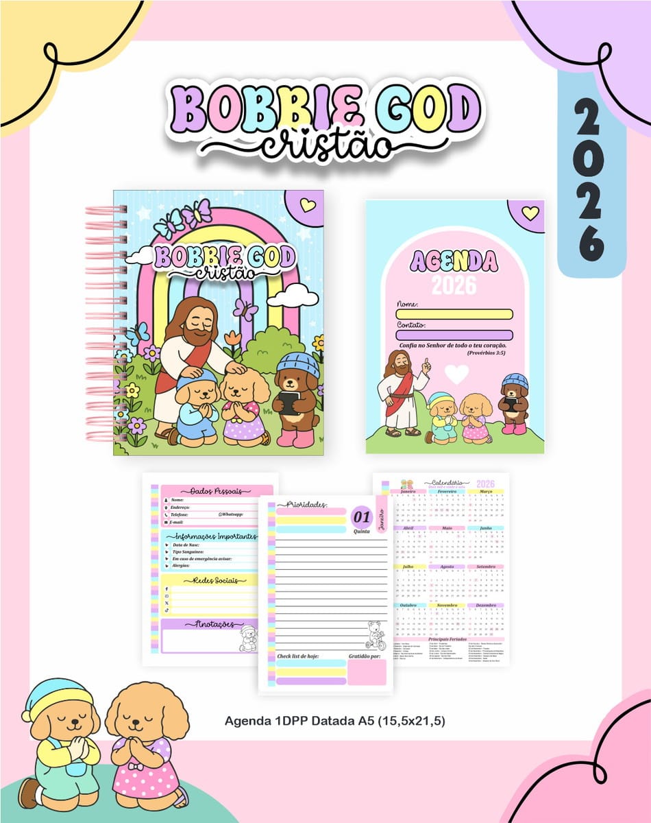 Kit Digital Encadernação Tema Cristão Menina Bobbie Goods 1 Capa e páginas internas de uma agenda digital com ilustrações fofas.