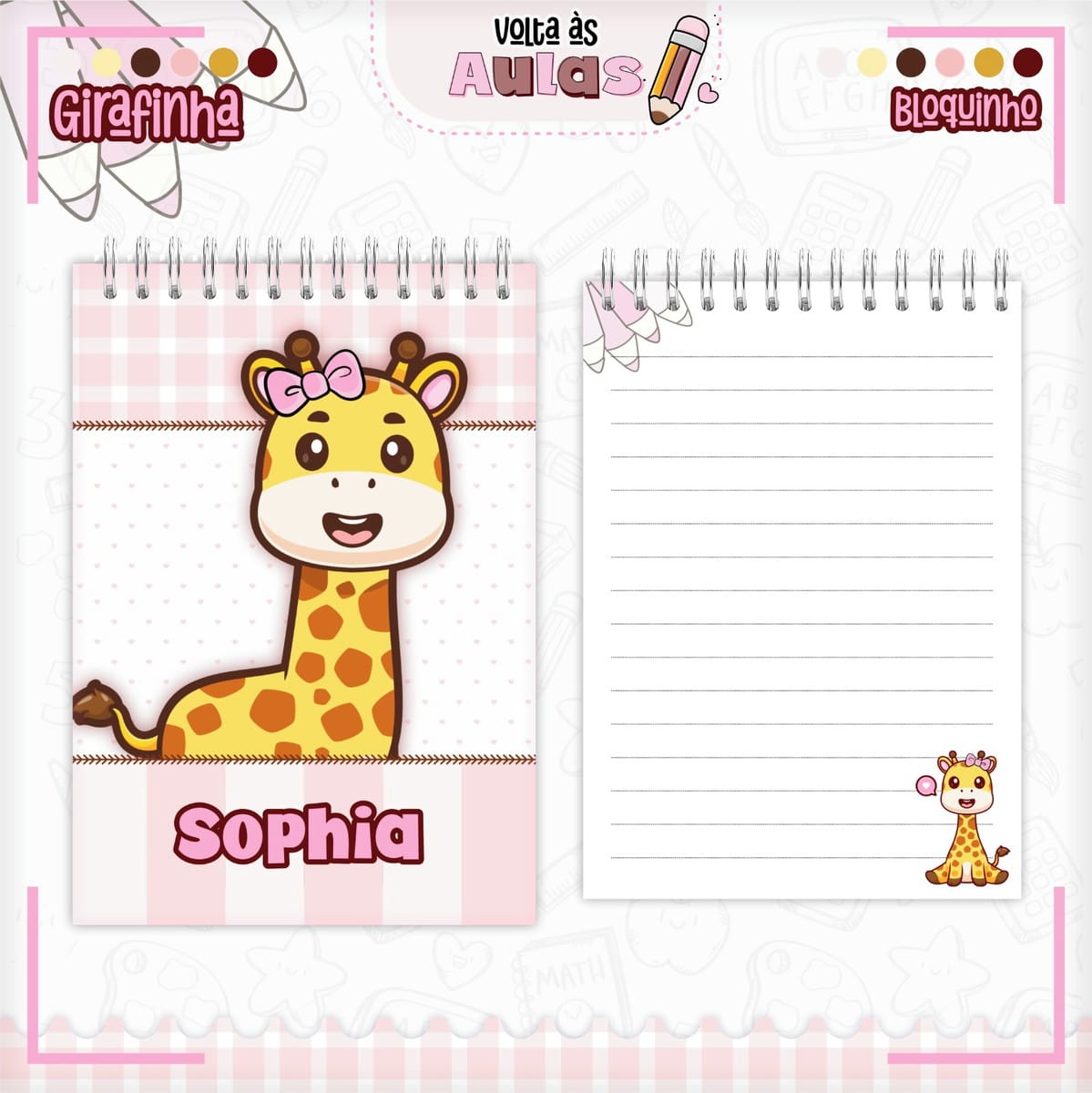 Kit digital escolar girafa para encadernação e sublimação 3 Combo Escolar Girafinha Arquivo Encadernacao 3