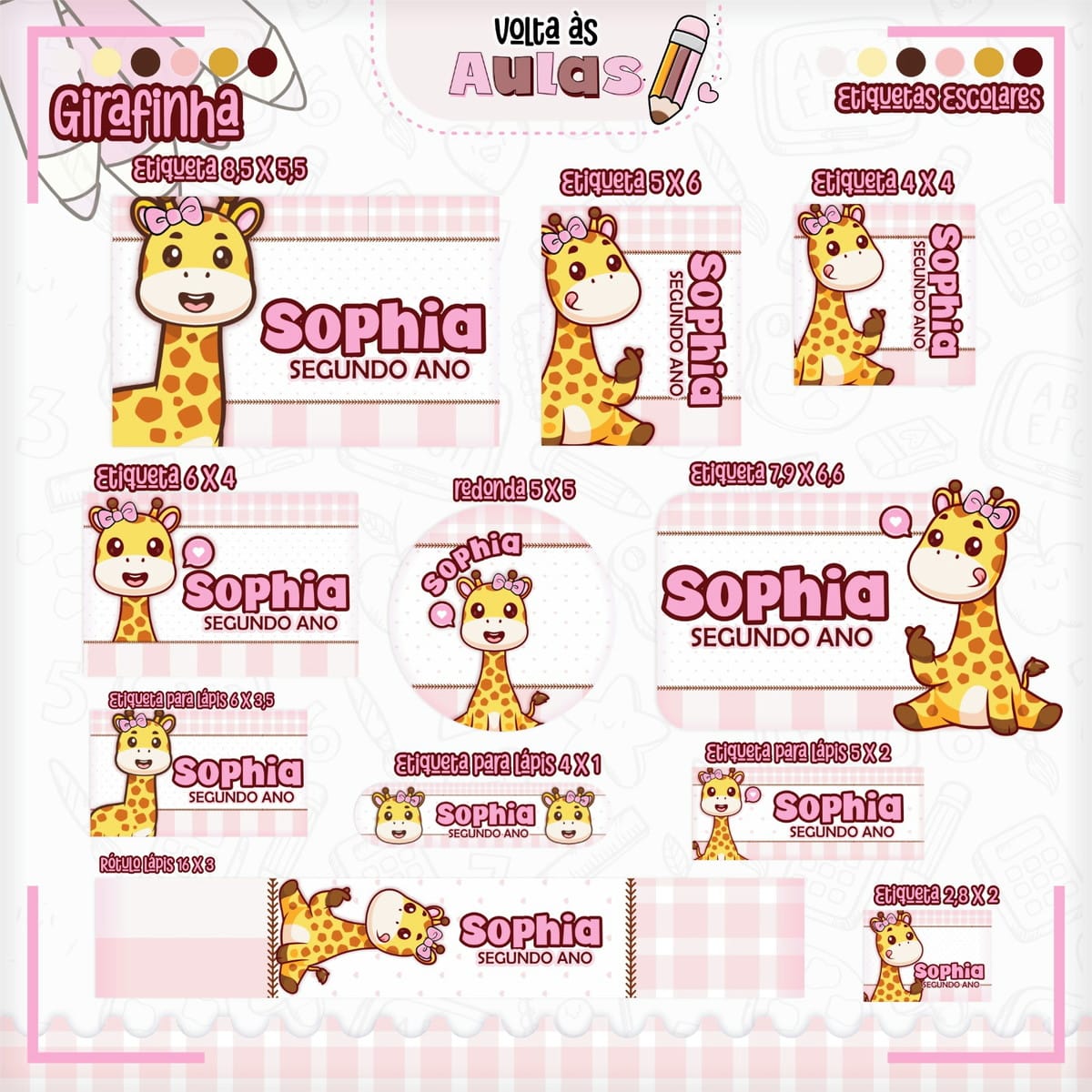 Kit digital escolar girafa para encadernação e sublimação 5 Combo Escolar Girafinha Arquivo Encadernacao 5