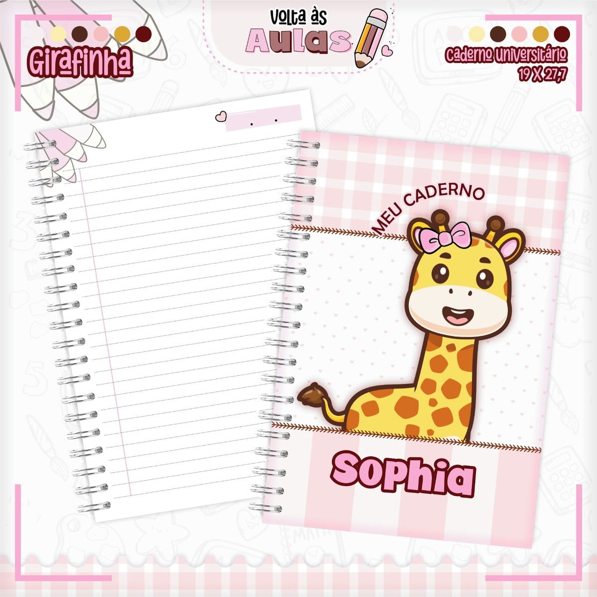 Kit digital escolar girafa para encadernação e sublimação 1 Combo Escolar Girafinha Arquivo Encadernacao