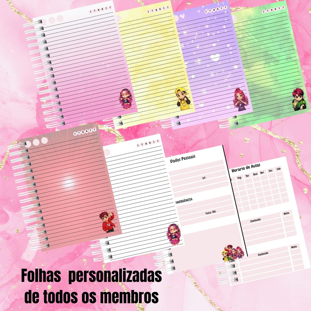 Kit digital escolar Grupo Rosas com cadernos e agendas 2 Várias folhas de caderno pautadas com personagens estilo anime sobre fundo rosa marmorizado.