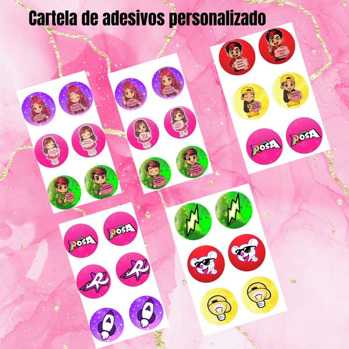 Kit digital escolar Grupo Rosas com cadernos e agendas 3 Folhas de adesivos redondos com ilustrações de personagens estilo anime e logos coloridos.