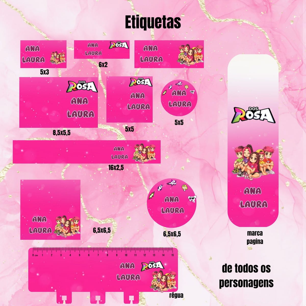 Kit digital escolar Grupo Rosas com cadernos e agendas 4 Folha com diversas etiquetas personalizadas em tons de rosa com personagens de desenho animado.