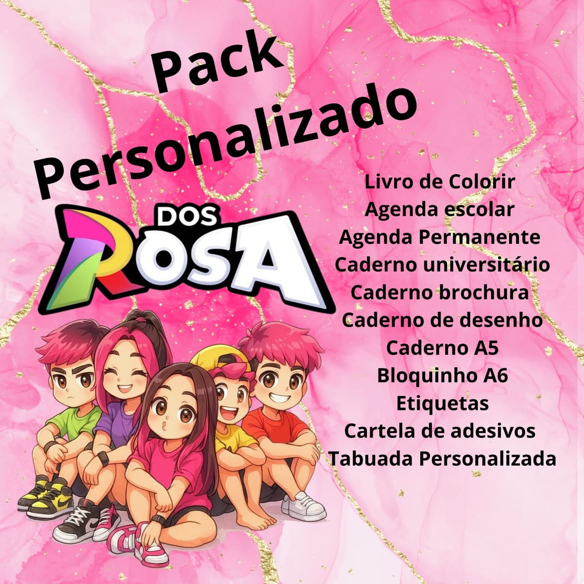 Kit digital escolar Grupo Rosas com cadernos e agendas 5 Ilustração de cinco crianças coloridas sobre fundo rosa texturizado com lista de produtos.
