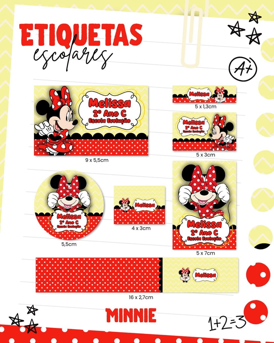 Kit Digital Escolar Minnie Mouse com Tabuada e Etiquetas 2 Folha com diversas etiquetas escolares personalizadas em vermelho e amarelo com personagem.