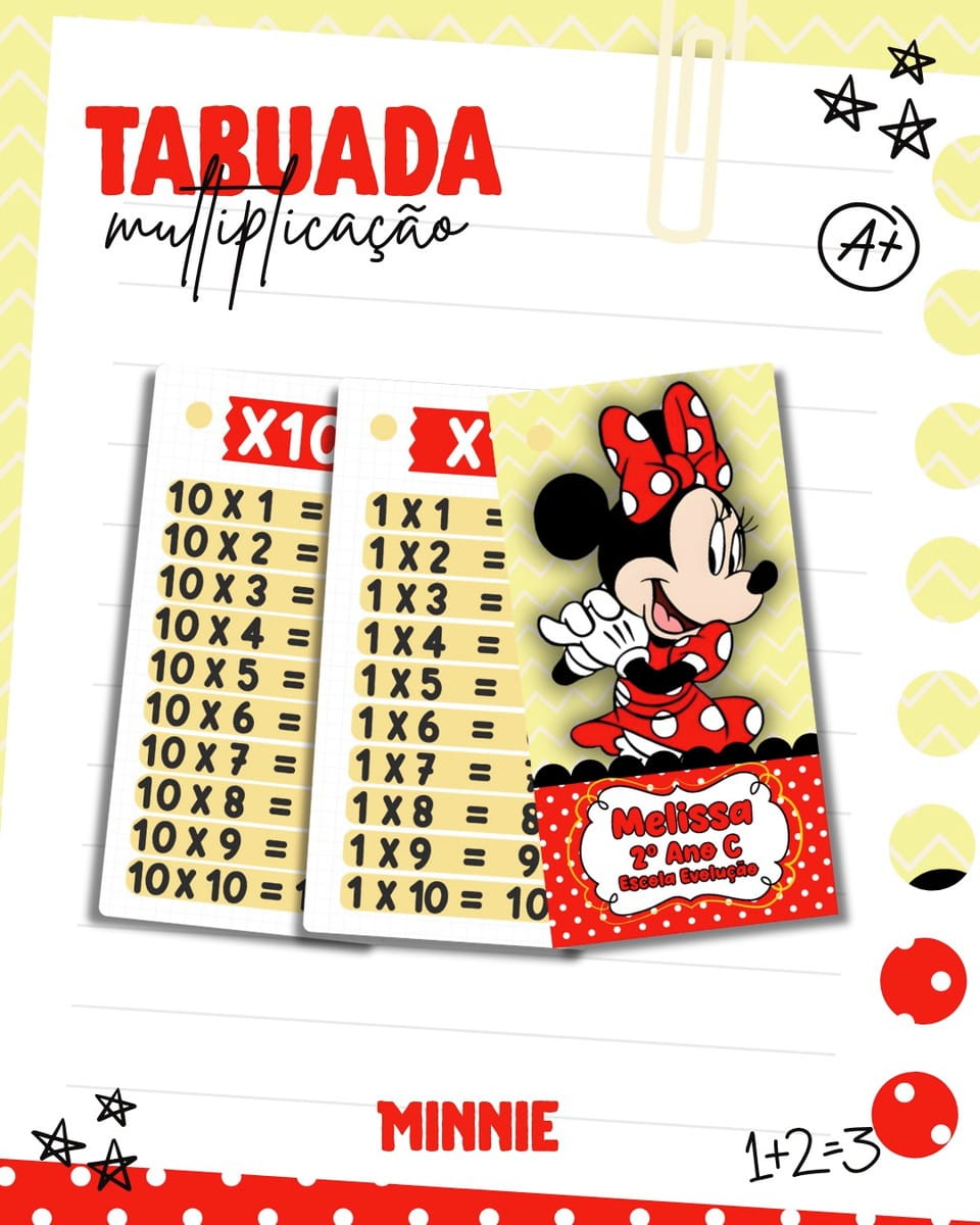 Kit Digital Escolar Minnie Mouse com Tabuada e Etiquetas 1 Arte digital de tabuada de multiplicação com tema infantil e personagem.