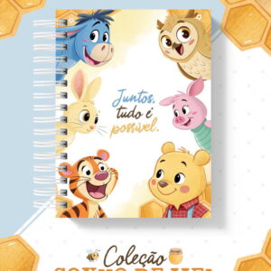 Capa de caderno digital com diversos personagens animados e a frase Juntos, tudo é possível.