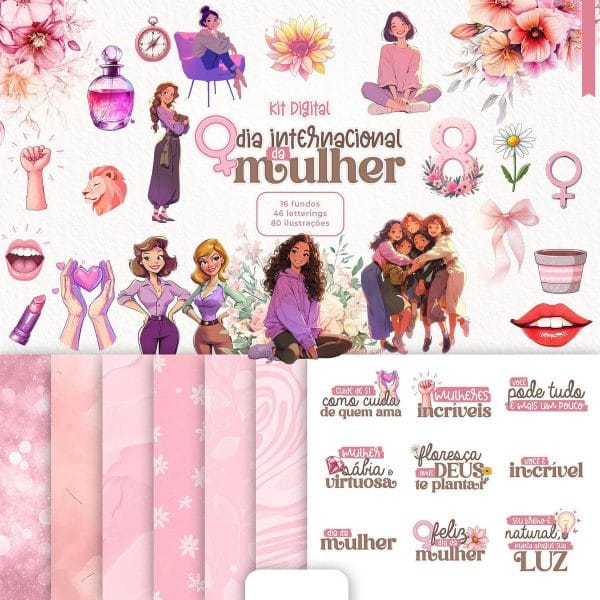 Kit Digital Feminino 2025 Frases, Ilustrações e Papéis Rosa