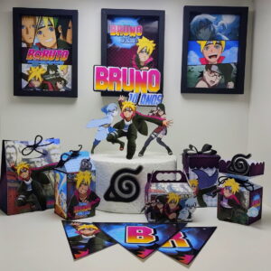 Decoração de festa temática de anime com quadros, topo de bolo, caixas e bandeirinhas.