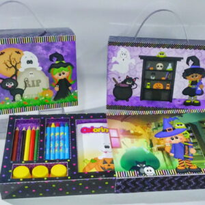 Representações digitais de kits de arte de Halloween com bruxas, fantasmas e materiais de colorir.