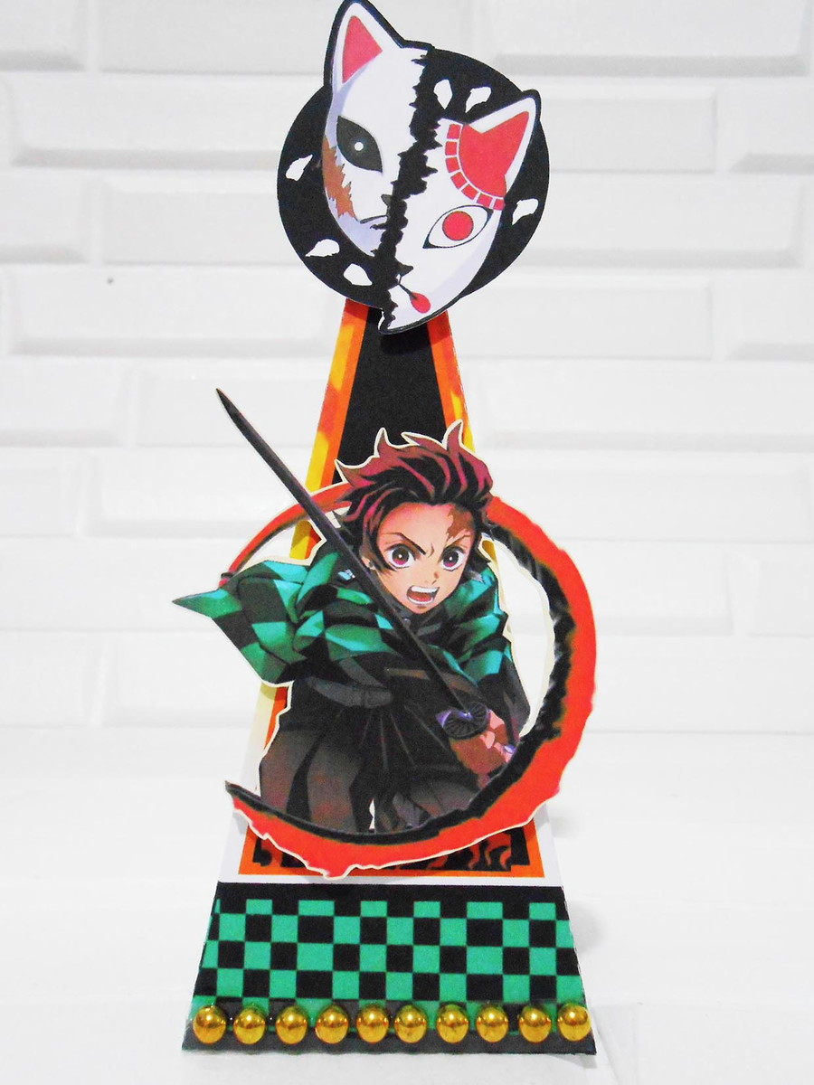 Kit Digital Festa Demon Slayer com Tanjiro e Nezuko 4 Design de cone de festa com personagem de anime e máscara estilizada.