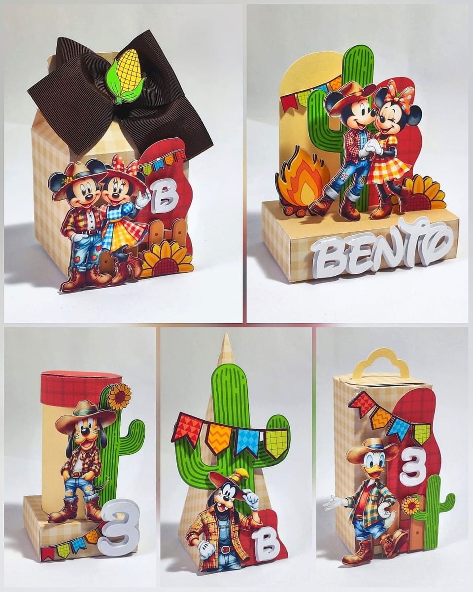 Kit digital festa junina Mickey e Minnie Studio e PDF 1 Arte digital com personagens de fazenda em caixas decorativas para Festa Junina.