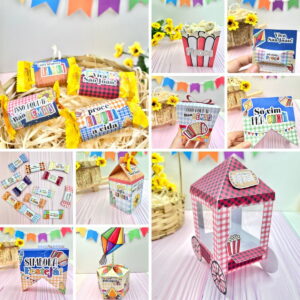 Designs de festa junina com caixas, embalagens e decorações coloridas.