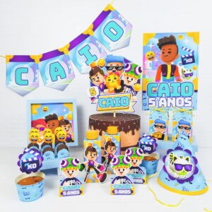 Design de decorações de festa com tema de personagens de desenho animado e texto.