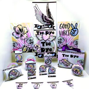 kit digital festa tie dye com caixas e lembrancinhas