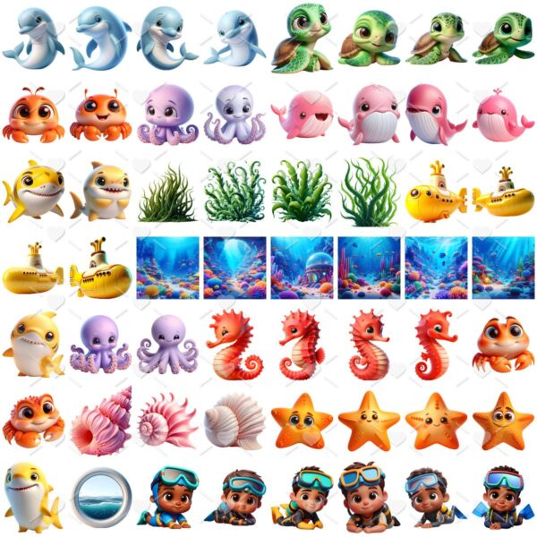 Kit Digital Fundo do Mar 3D Menino 3D Cute Fofo Ilustrações