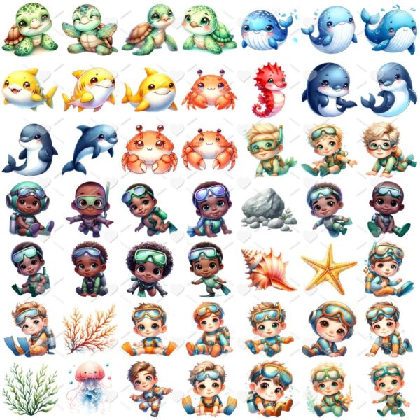 Kit Digital Fundo do Mar Aquarela 3D Menino Ilustrações Png