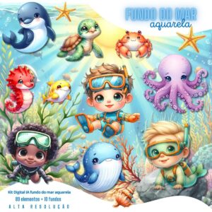 Kit Digital Fundo do Mar Aquarela 3D Menino Ilustrações Png