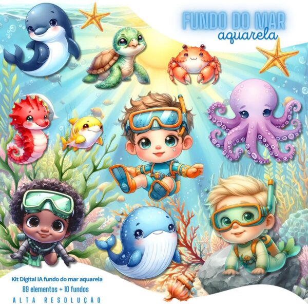 Kit Digital Fundo do Mar Aquarela 3D Menino Ilustrações Png