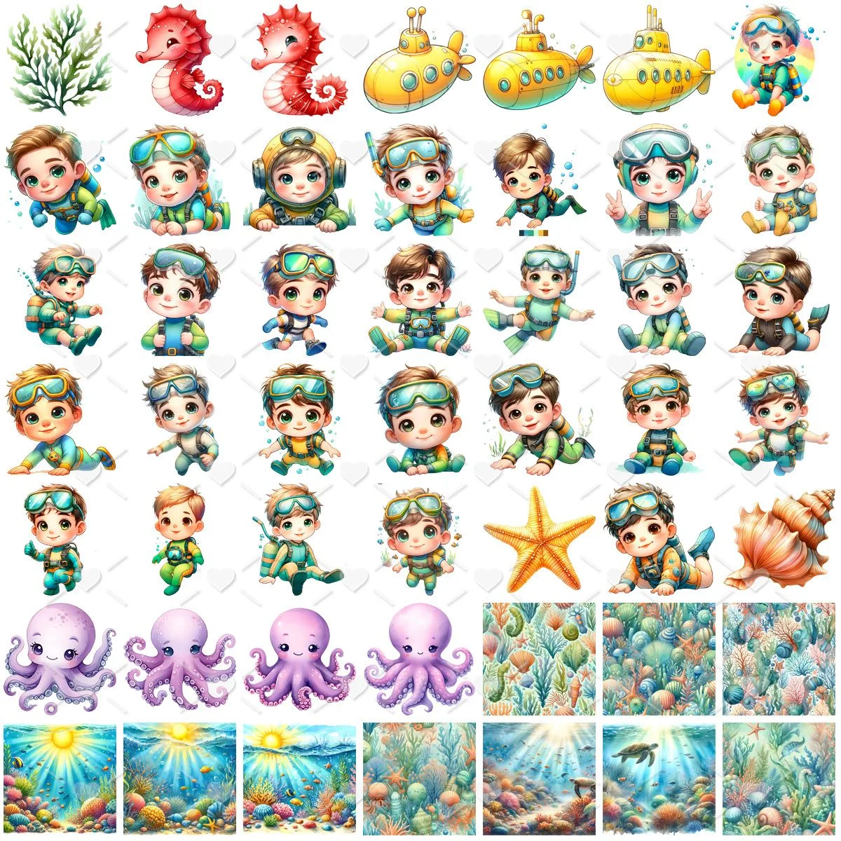 Kit Digital Fundo do Mar Aquarela 3D Menino Ilustrações Png