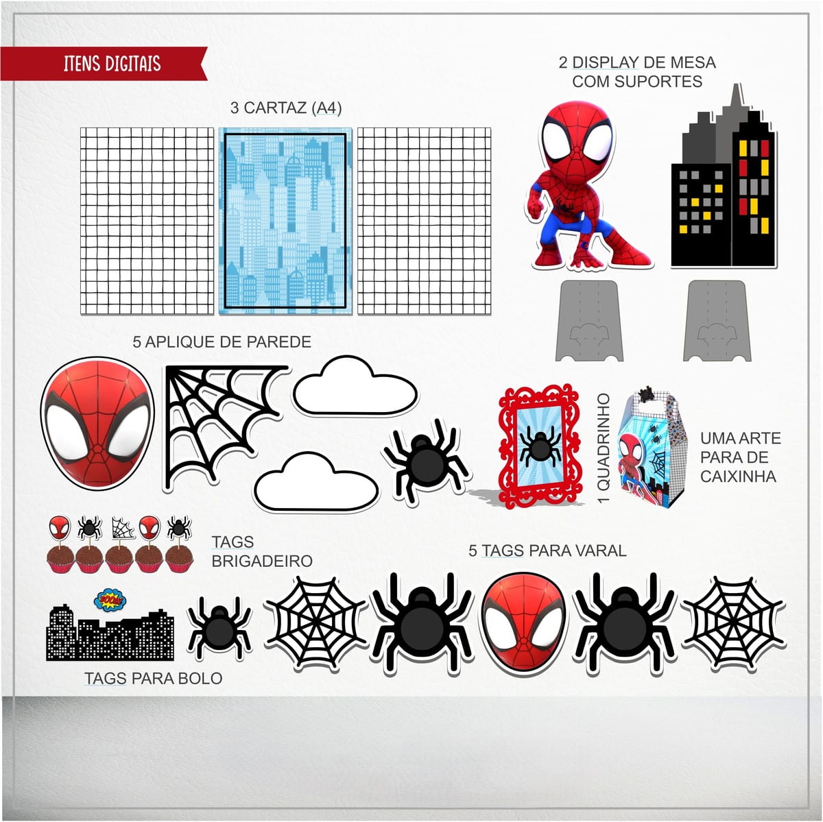 Kit Digital Homem Aranha em Studio e PDF para Toppers 2 Conjunto de artes digitais para festa infantil com tema de herói aranha e cidade.
