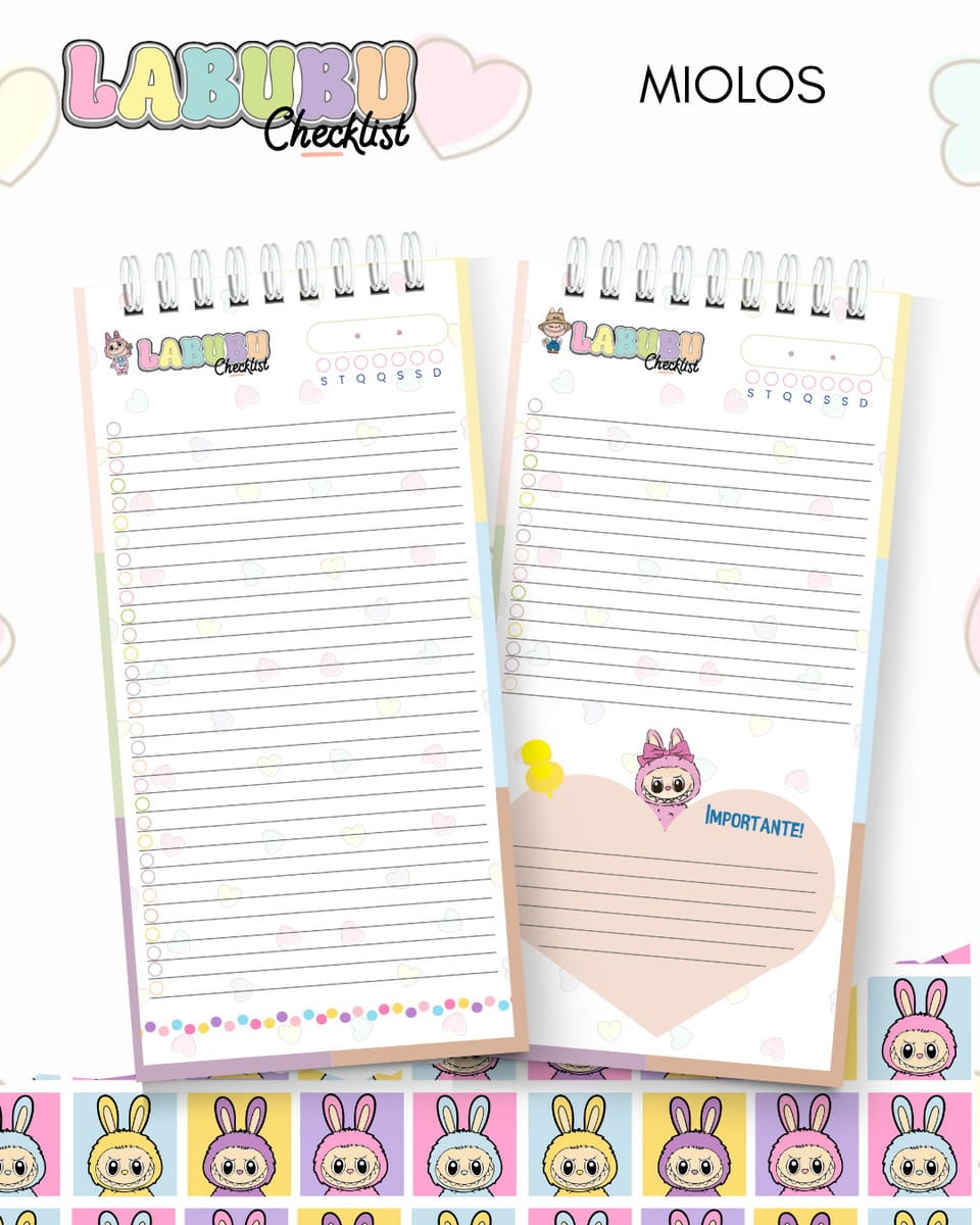 Kit Digital Labubu Checklist com 10 Capas PNG PDF e Studio 2 Dois blocos de notas pautados com espiral e ilustrações fofas de monstrinhos.