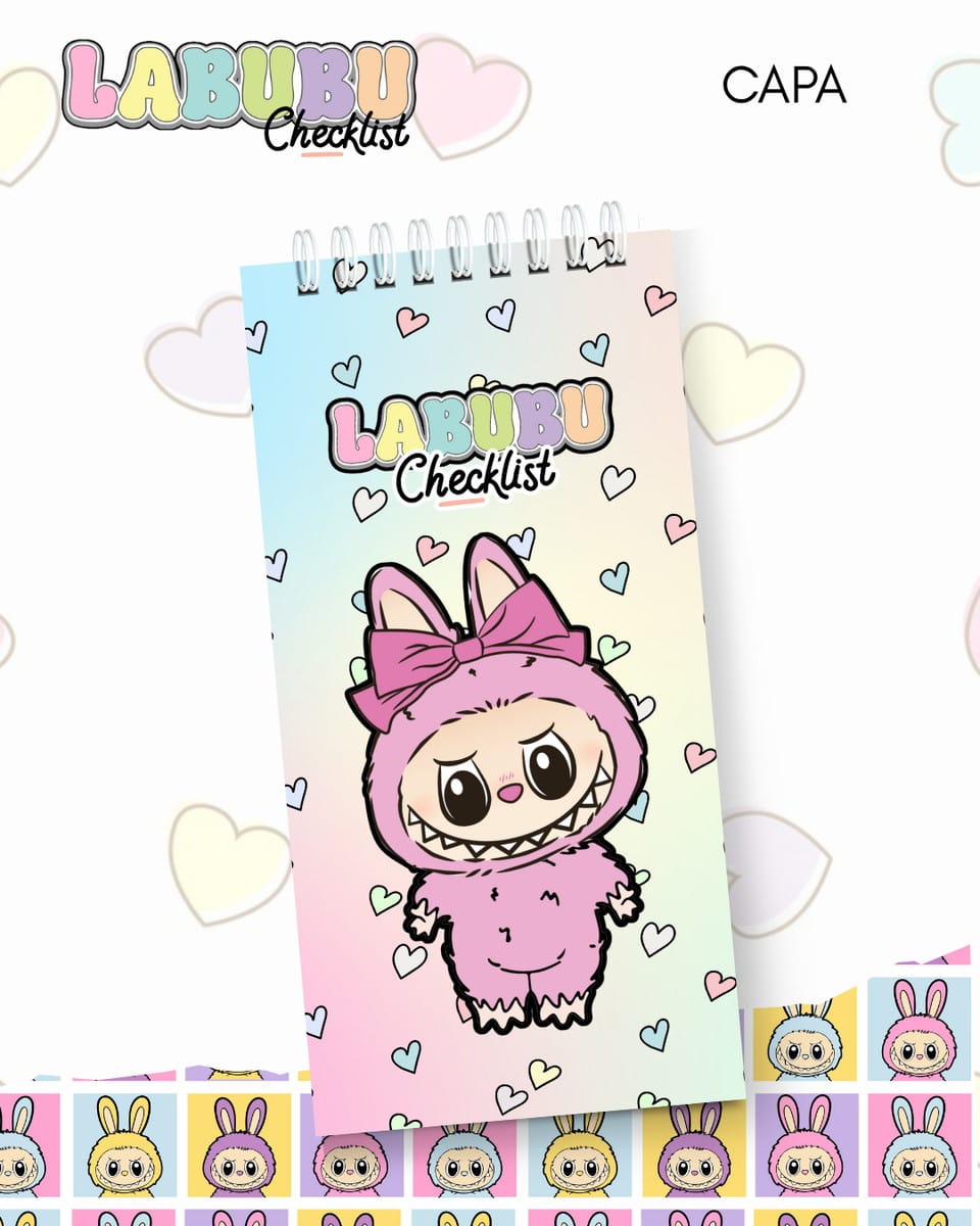 Kit Digital Labubu Checklist com 10 Capas PNG PDF e Studio 4 Caderno espiral com ilustração de personagem fofo rosa com orelhas de coelho.
