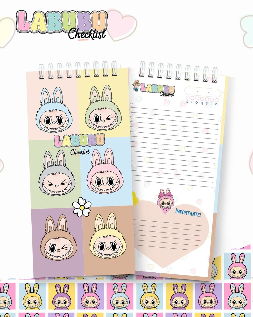 Kit Digital Labubu Checklist com 10 Capas PNG PDF e Studio 1 Cadernos espiralados decorados com ilustrações coloridas de monstrinhos fofos e orelhudos