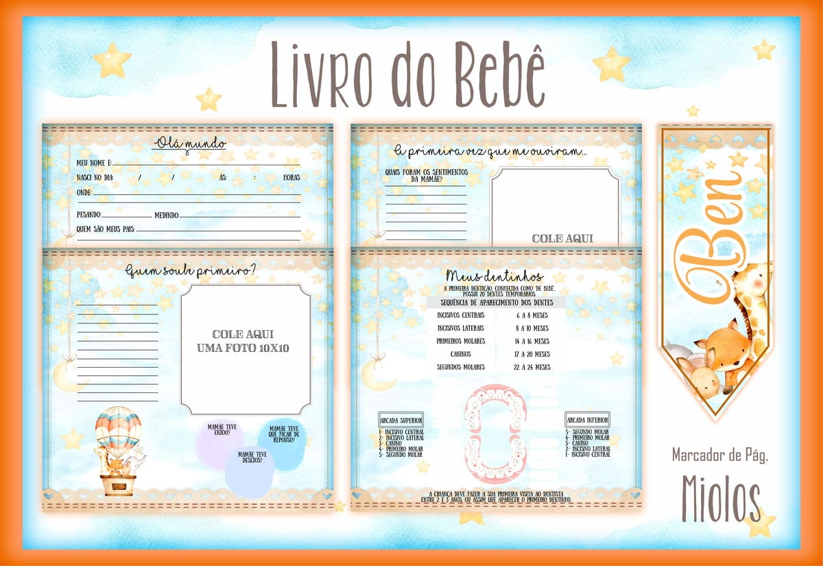 Kit Digital Livro do Bebê Animais Baloeiros Aquarela 2 Livro do bebê digital com páginas para registrar dados, dentição e primeiras experiências, em tema de estrelas e animais.
