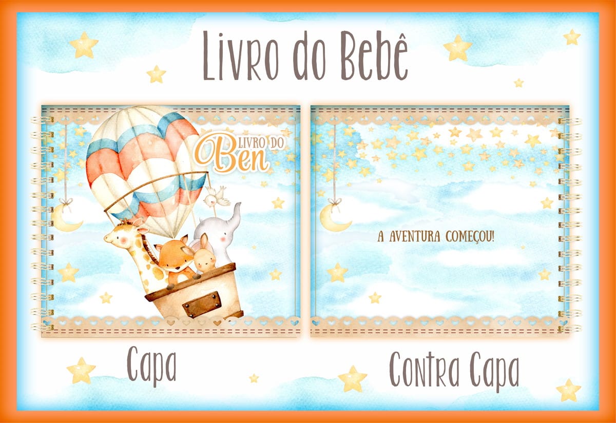 Kit Digital Livro do Bebê Animais Baloeiros Aquarela 1 Arte digital de capa e contracapa de Livro do Bebê com balão e animais.