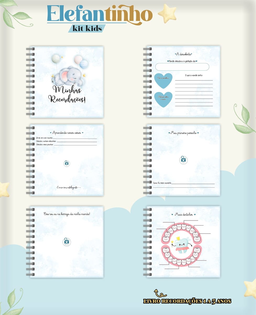 Kit Digital Livro do Bebê Elefantinho Menino Azul 2 Páginas digitais de um livro de recordações de bebê com tema elefante e seções de marcos.