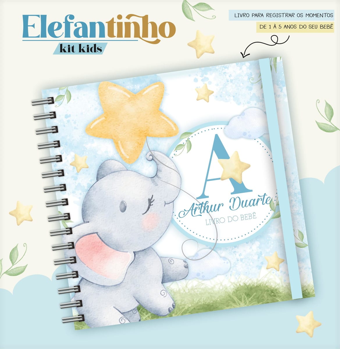 Kit Digital Livro do Bebê Elefantinho Menino Azul 1 Arte digital de capa de livro de bebê azul com elefante e estrelas, "LIVRO DO BEBÊ".