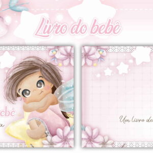 Arte digital de livro do bebê rosa com flores, estrelas e personagem infantil.