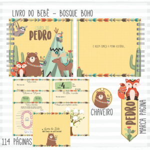 Arte digital de um livro de bebê e acessórios com tema bosque boho.
