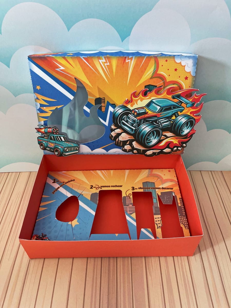 Kit Digital Mini Confeiteiro Hot Wheels com Studio e PDF 2 Arte digital de caixa de atividade com carros de corrida e instruções de montagem.