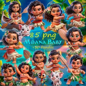 Kit Digital Moana Baby Baby Png Ilustrações 3D Fofo
