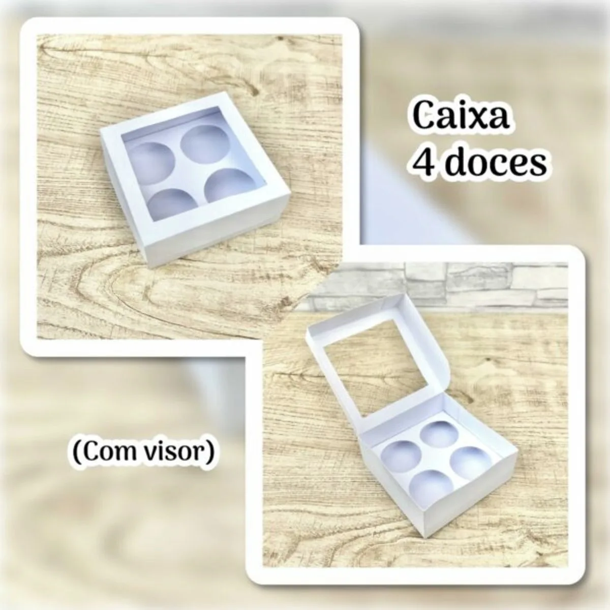 Caixa branca quadrada com visor transparente para quatro doces sobre superfície amadeirada.
