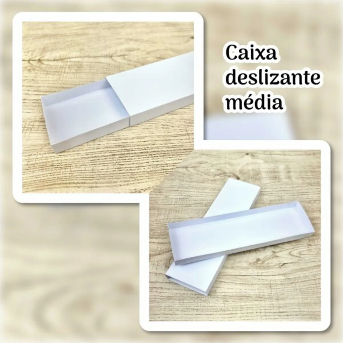 Caixa de papelão branca em duas partes sobre fundo com textura de madeira clara.
