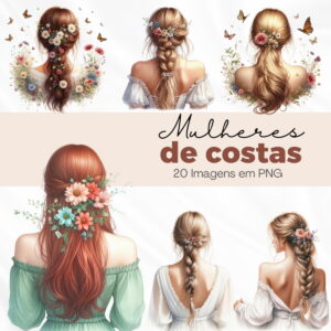 Ilustrações digitais de mulheres de costas com cabelos adornados por flores e borboletas.