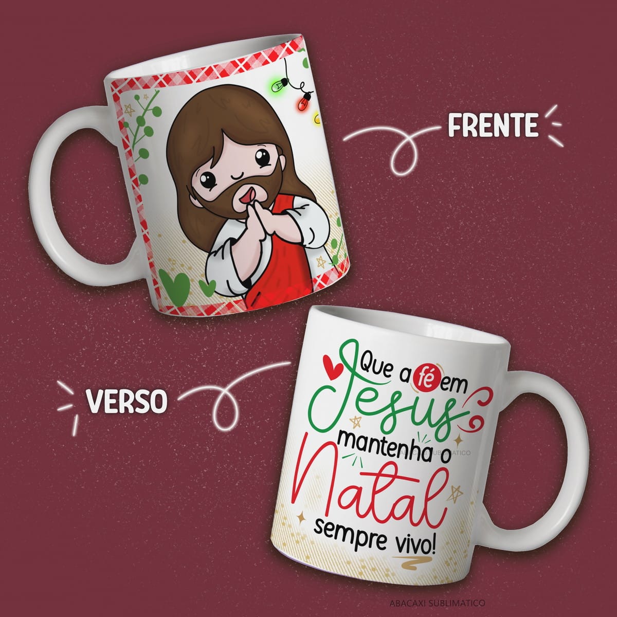 Kit Digital Natal Cute para Sublimação de Canecas 2 Arte digital para caneca com design natalino, frente e verso visíveis.