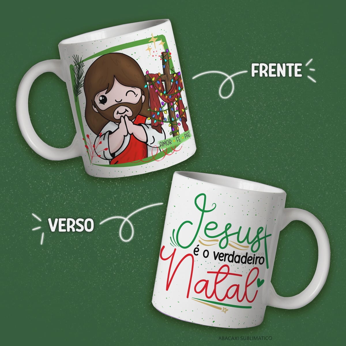 Kit Digital Natal Cute para Sublimação de Canecas 3 Arte digital de caneca natalina com figura religiosa e texto 'Jesus é o verdadeiro Natal'.