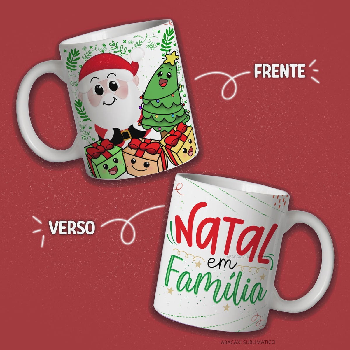 Kit Digital Natal Cute para Sublimação de Canecas 4 Arte digital para caneca com personagem de Natal, árvore e presentes, e texto "Natal em Família".